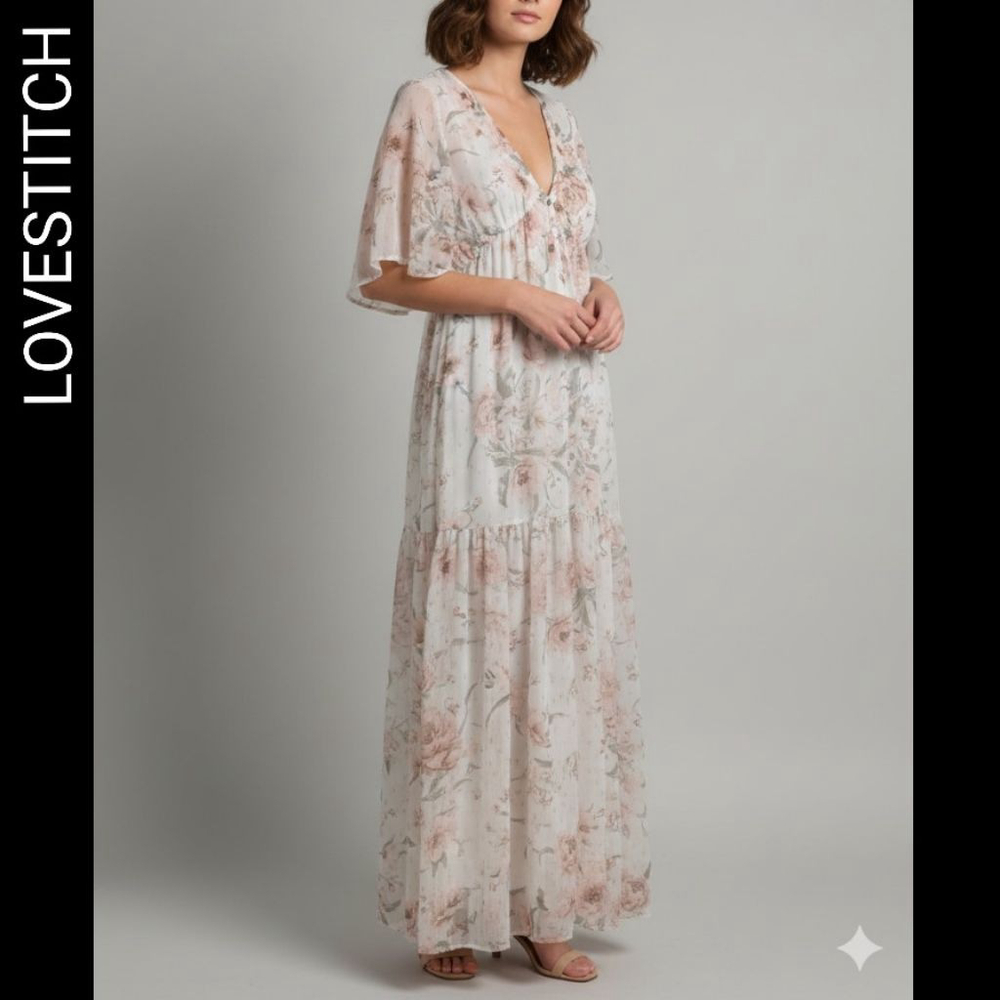 Lovestitch Babydoll Floral Maxi Dress S fairy fairycore whimsical gold shimmer